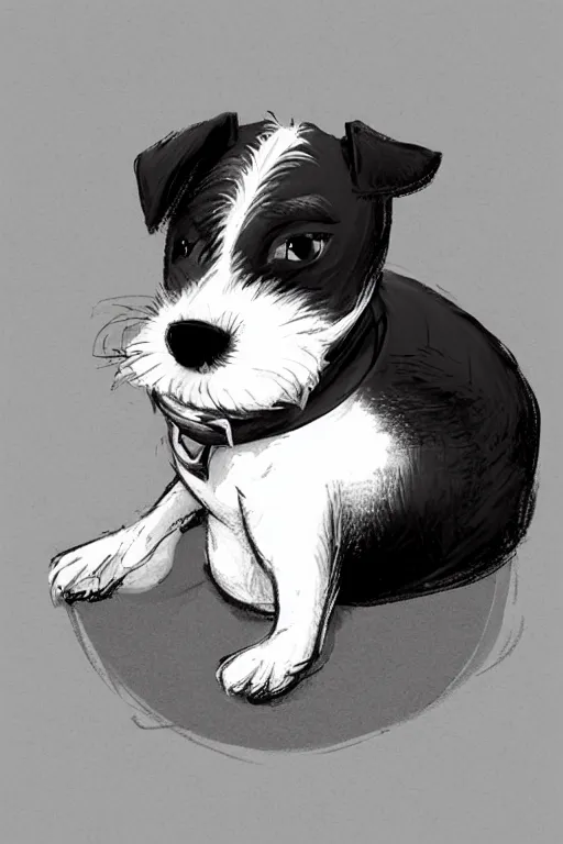 Image similar to cute jack black and white russel terrier laying on dog bed, large round eyes, concept art, game art, character design, fantasy illustration, sketch by cory loftis and bill schwab