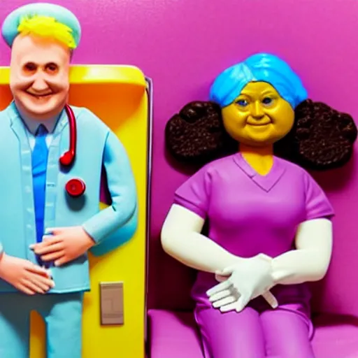 Prompt: photo of a happy patient and doctor or nurse in a hospital room made out of soft candy, candy hospital equipment, candy hospital room, candy treatments, oompa loompa virus, willy wonka pandemic