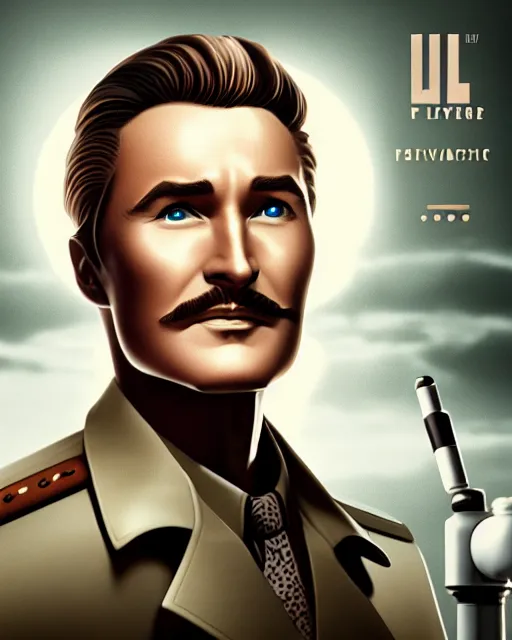 Image similar to Errol Flynn as a scientist. 1980s dystopian Soviet Russia, propaganda screens. Unreal engine, fantasy art by Yuliya Litvinova. Faithfully depicted facial expression, perfect anatomy global illumination, radiant light, detailed and intricate environment