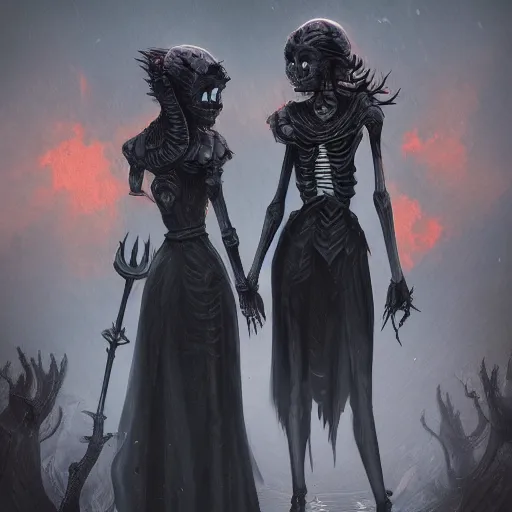 Prompt: a tarot card of a two female necromancers, raising skeletons, ominous nighttime storm, fantasy, d & d, intricate, elegant, highly detailed, digital painting, artstation, concept art, matte, sharp focus, illustration, art in the style of disney
