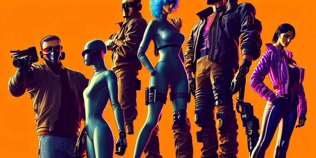 Image similar to cyberpunk heist crew. portrait by stonehouse and mœbius and will eisner and gil elvgren and pixar. character design. realistic proportions. dystopian. cyberpunk 2 0 7 7 character art, blade runner 2 0 4 9 concept art. cel shading. attractive face. thick lines. hi def 4 k. the team. detailed interesting characters. realistic expressive faces.