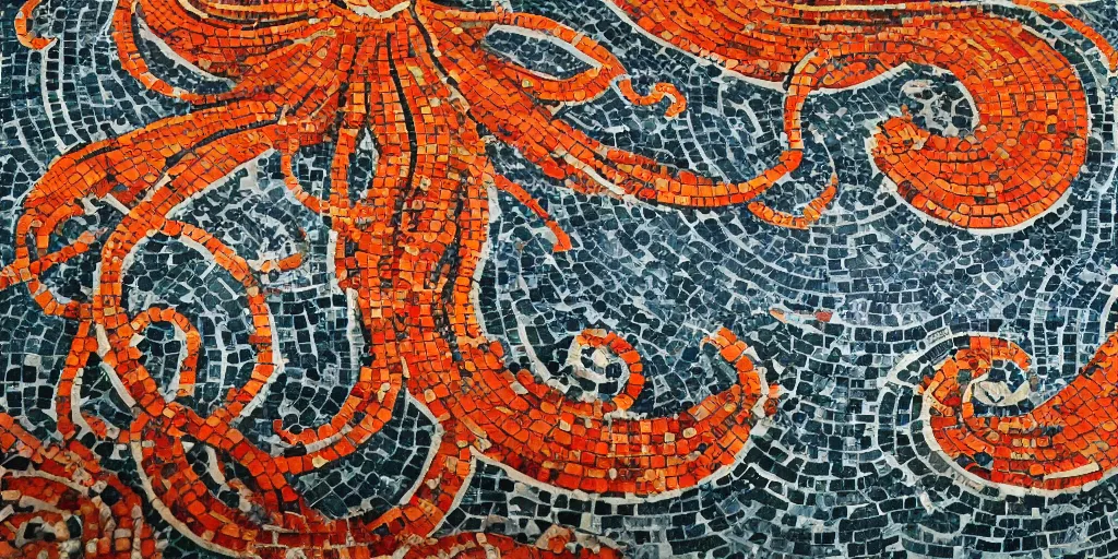 Image similar to roman mosaics of a orange kraken sinking a boat