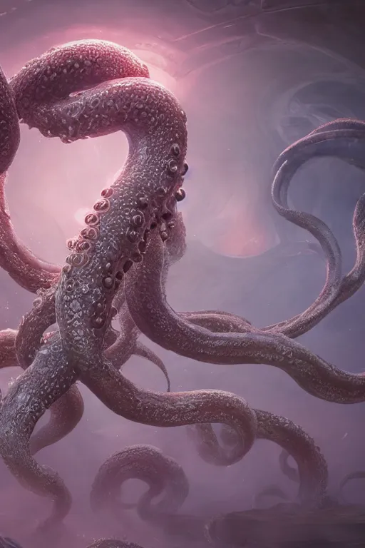 Image similar to giant ancient alien tentacles artwork by yoshitaka amano, pastel colors, detailed background, extremely detailed, octane rendering, sharp focus, volumetric light, particles, unreal engine 5, rtx