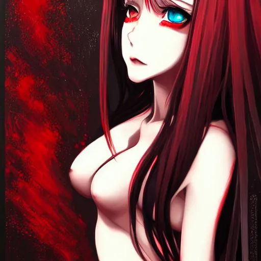 Image similar to beautiful seductive female goddess, in the rain, highly detailed, painting, dark red and black color palette, intricate, high quality anime artstyle, in the style of sana takeda