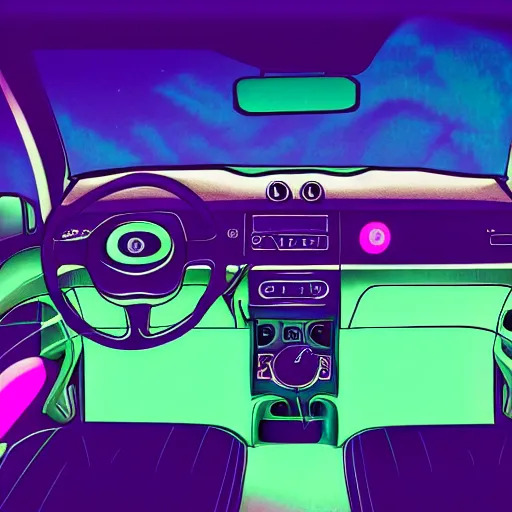 Image similar to 9 0 s fiat panda interior at night, with neon lights in the background, artstation, 3 5 mm, vaporwave