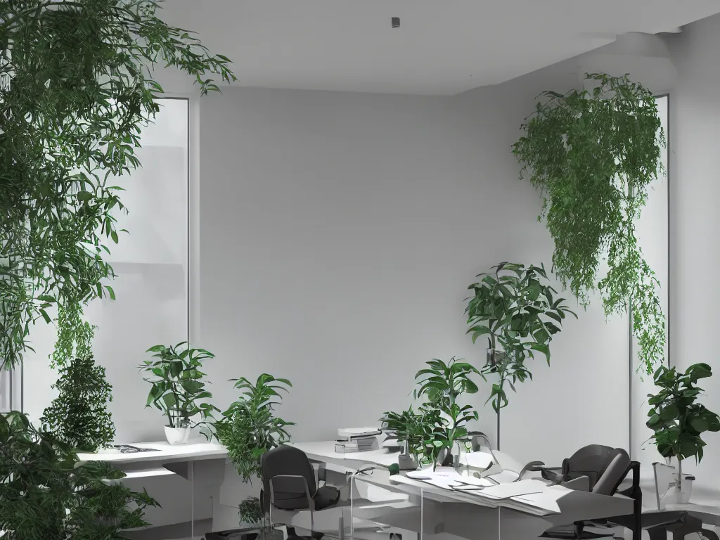 Image similar to A modern indoor music studio, clean architecture, some plants, peaceful, 8K octane render