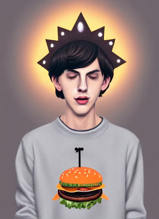 Image similar to portrait of teenage jughead jones wearing a light grey crown, symmetrical crown, sweater with picture of hamburger, eyes closed, crown, black hair, orange, intricate, elegant, glowing lights, warm lighting, highly detailed, digital painting, artstation, concept art, smooth, sharp focus, illustration, art by wlop, mars ravelo and greg rutkowski