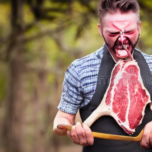 Image similar to man with whole tomahawk steak stuck between his teeth stock photo