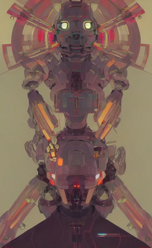 Image similar to upper half portrait of colourful army mecha robot, art by hsiao - ron cheng & alphonse mucha, highly detailed, digital painting, concept art, illustration, smooth sharp focus, intricate, symmetry, blcak background, black backdrop, artstation,