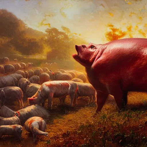 Image similar to farmers wanted to create a source of endless meat with magic, but they created a huge meaty pig - like something that destroys the farm, close - up, painting by gaston bussiere, craig mullins, j. c. leyendecker, 4 k, 8 k, trending on artstation, artstationhd, artstationhq, highest detail