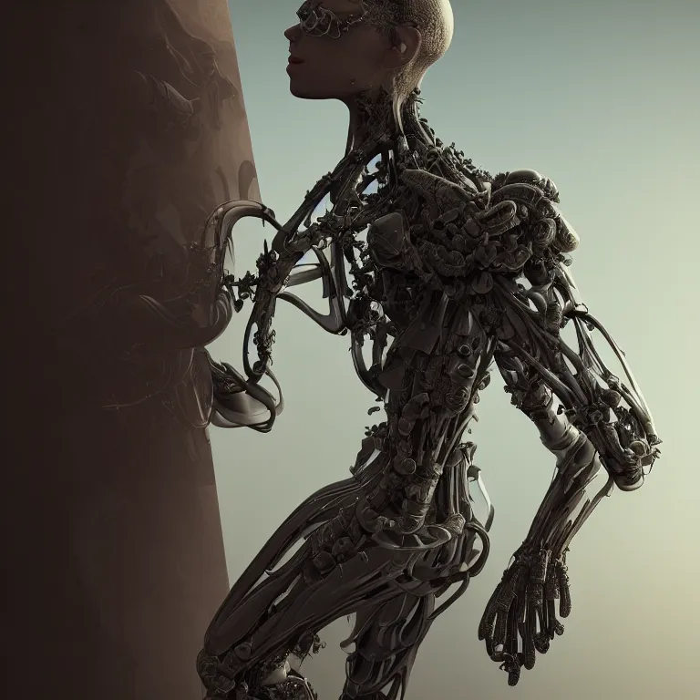 Prompt: prototype exoskeleton with ribbed body, baroque portrait by rutkowsky and charles vess and james jean and erik jones and rhads, 3 d octane render, beautiful fine face features, intricate high details, sharp, ultradetailed, artistic photography