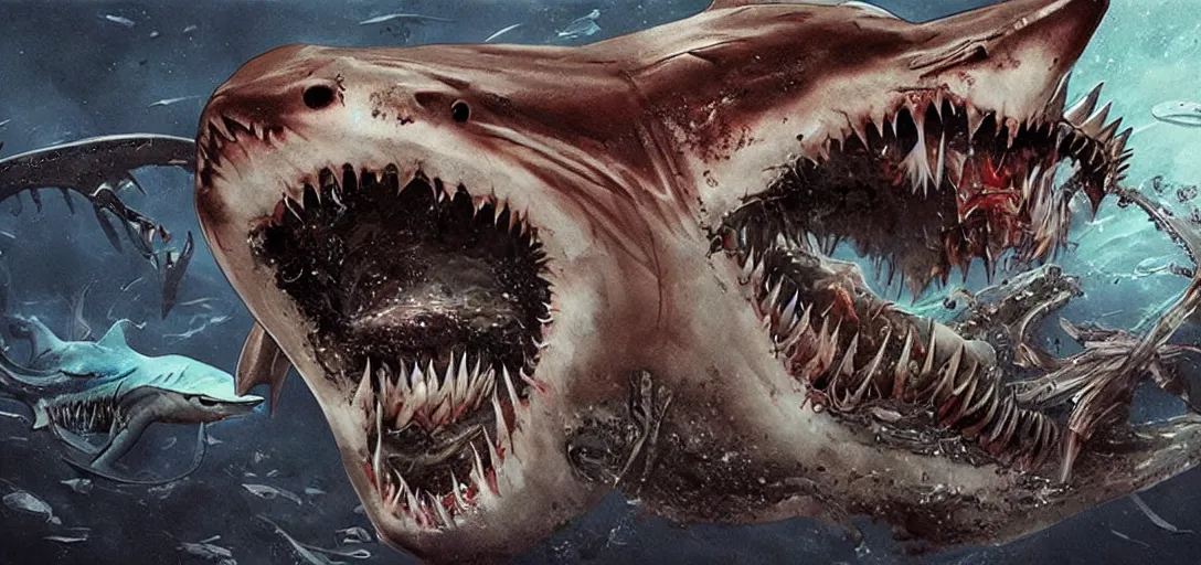 Image similar to concept art of shark attack, lovecraftian, lots of teeth, melting horror, fighting the horrors of the unknown with laser guns