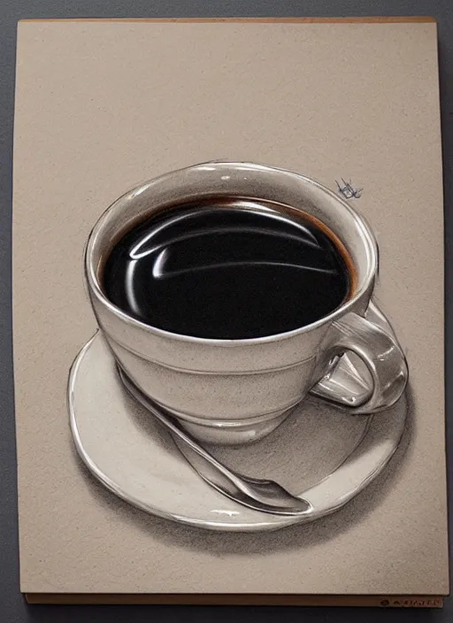 Prompt: A cup of coffee, by artgerm, mixed media on toned paper, 2021, very detailed, coffee art