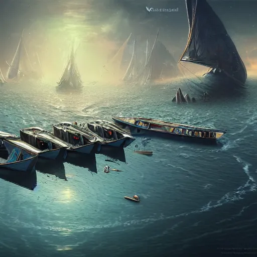 Prompt: a group of boats floating on top of a body of water, a detailed matte painting by yerkaland, cgsociety, metaphysical painting, matte painting, glitch art, dystopian art