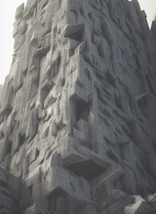 Prompt: a highly detailed brutalist concrete buidling carved into a rock face mountain, fog, mist, brutalist architecture, gothic, art deco, hyperrealism, highly detailed, intricate, cinematic, symmetrical and centered, front facing camera, cinematic, epic lighting, octane nvidia omniverse render in 4 k by james gurney, greg rutkowski, artstation