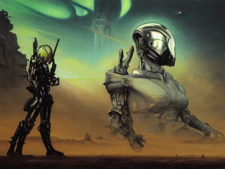 Image similar to a detailed profile painting of a bounty hunter in armour and visor, cinematic sci-fi poster. Spaceship high in the background. Flight suit, anatomy portrait symmetrical and science fiction theme with lightning, aurora lighting clouds and stars. Clean and minimal design by beksinski carl spitzweg h.r. giger and tuomas korpi. baroque elements. baroque element. intricate artwork by caravaggio. Oil painting. Trending on artstation. 8k