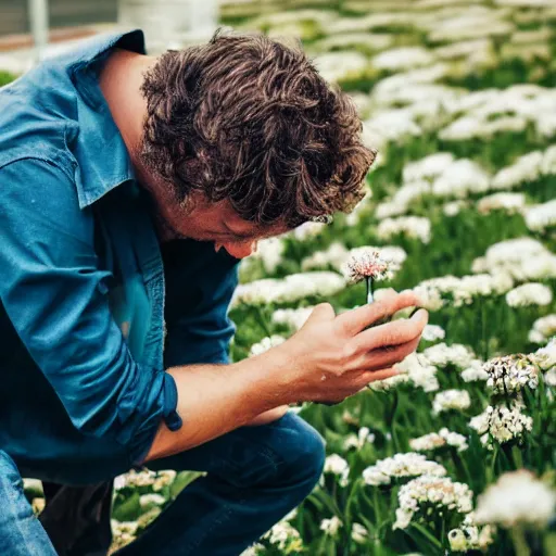Prompt: a very confused man crouching down and inspecting a flower