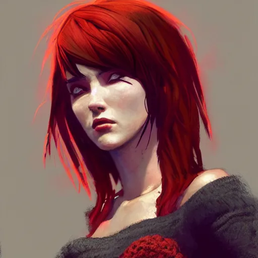 Image similar to A caucasian woman with red and black ombre hair wearing a crocheted crop-top, illustrated by Greg Rutkowski, in the style of Life is Strange, photorealistic portrait, trending on artstation, artstationHQ, artstationHD, dappled lighting,