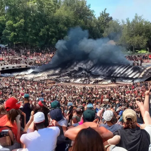 Image similar to Crowd cheering in packed amphitheater, on the stage is a large burning dumpster fire. Amphitheater represents humanity on earth