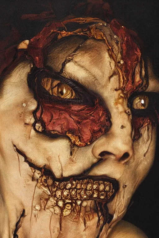 Prompt: hyperrealism close-up portrait of young woman in black silk, rotten skin red skin, hyper detailed golden crown, dark background, in style of classicism