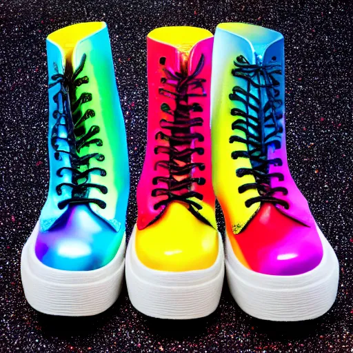 Image similar to hyperrealistic photo of rainbow combat boots made out of glitter, unicorn tears, and stardust, single object on black ground, high resolution, 8 k,