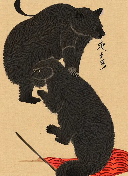 Image similar to ukiyo-e print of samurai Asian black bear and a cat, intricate, elegant, highly detailed, digital painting, artstation, concept art, smooth, sharp focus, illustration, art by Andō Hiroshige