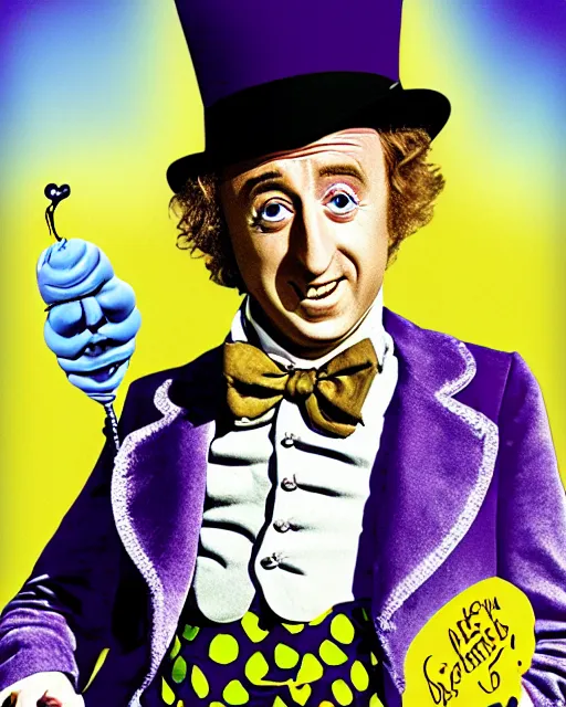 Image similar to gene wilder in willy wonka and the eggplant factory, digital art