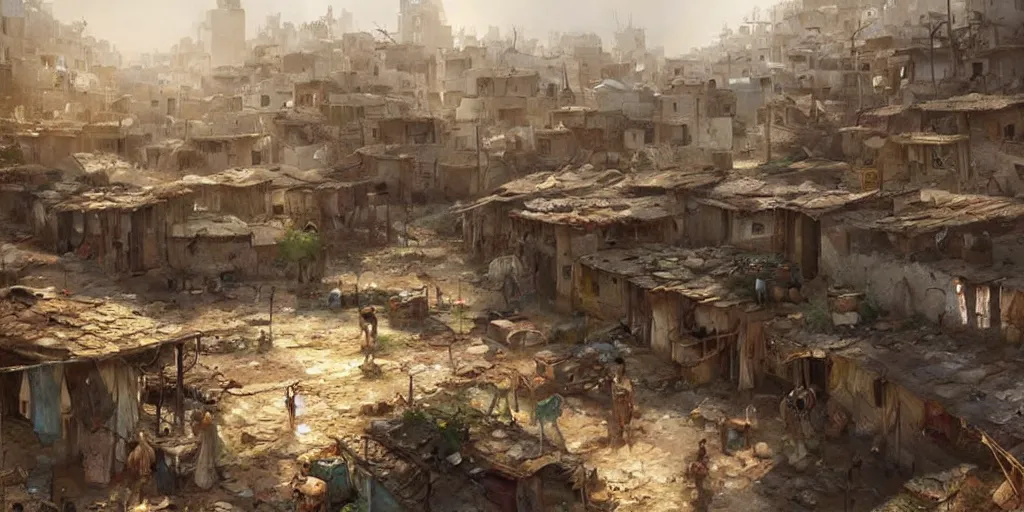 Image similar to hyper realistic, beautiful syrian slums village, concept art for videogames, painted by greg rutkowski, highly detailed,