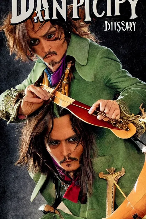 Image similar to Breathtaking comic book style of Johny Depp portrayed as a Dungeons and Dragons bard, playing the lute and wearing a pale green jacket in the style of Ralph Dorsey