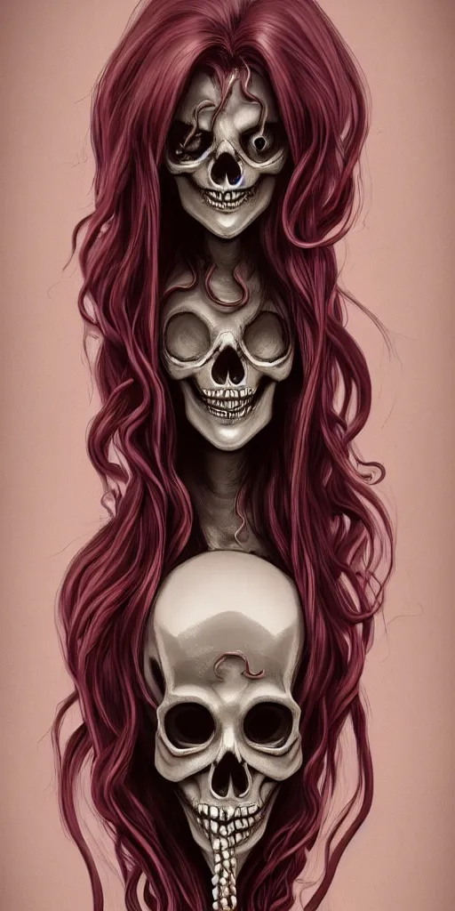 Image similar to a woman skull of death with hair in tentacle, her eyes are lenses by Moebius, chromatic aberration, hyper detailled, trending on artstation