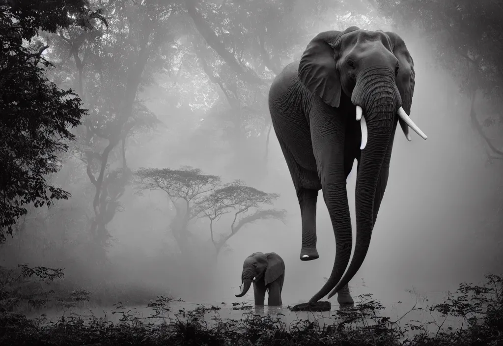 Image similar to an elephant king, his trunk is a long tentacle, in a jungle with ominous light from above, ambient light, fog, river, symmetrical, poetic