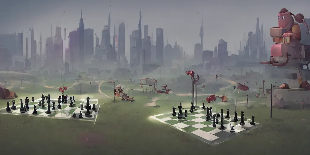 Image similar to chess by Goro Fujita and Simon Stalenhag , 8k, trending on artstation, hyper detailed, cinematic