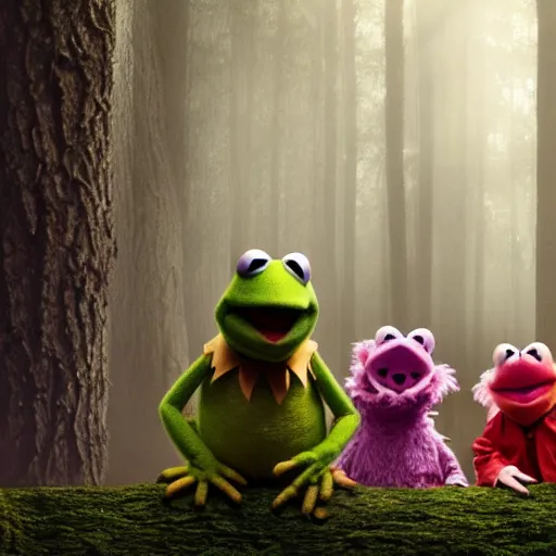 Image similar to demonic muppets in magical forest, kermit, miss piggy, gonzo, dark atmosphere, soft lighting, high detail, 8 k