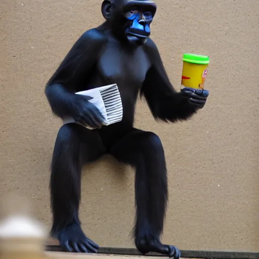 Image similar to Monkey in work uniform taking a lunch break, ultra realistic, canon camera