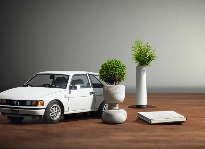 Image similar to a small miniature of a Peugeot 309 1992 on a white table near a book and a vase with a plant, 3d render, octane render, unreal engine 5, path tracing, serene landscape, calm, relaxing, beautiful landscape, highly detailed, high quality, 4k, symmetrical, low contrast, centered