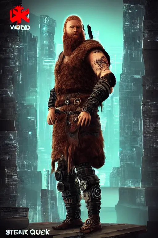 Prompt: cyberpunk viking, handsome and strong, red beard, runic, powerful stature, detailed intricate, 8 k, cinematic