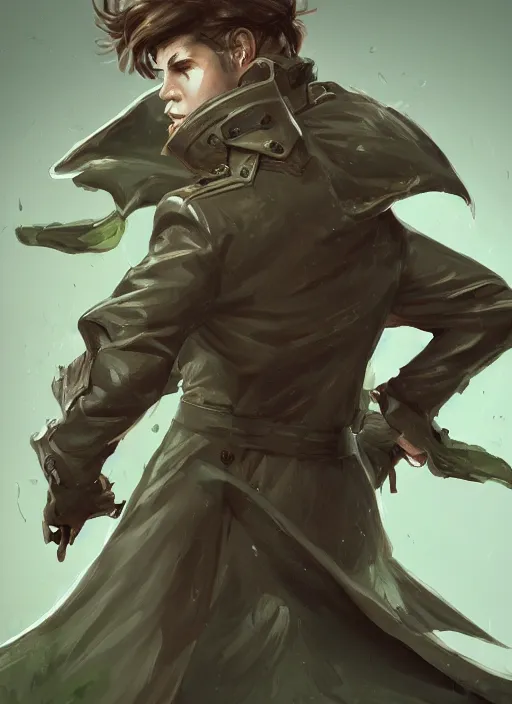 Image similar to a highly detailed illustration of thick wavy brown haired young white guy wearing brown detective trench coat and wearing dark green mask, with many long mechanical arms on his back, dramatic standing pose, intricate, elegant, highly detailed, centered, digital painting, artstation, concept art, smooth, sharp focus, league of legends concept art, WLOP