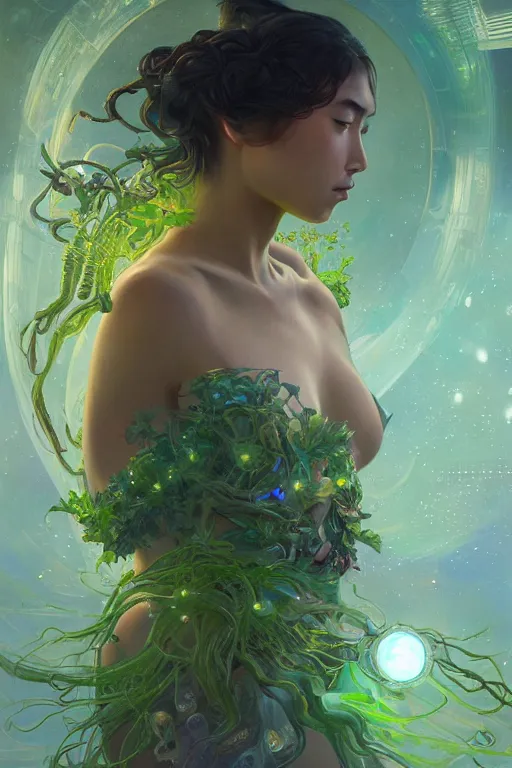 Image similar to portrait of Celestial Hawaiian Goddess as a futuristic princess, inside future fighter, sci-fi, fantasy, intricate, lush garden spaceship, elegant, human anatomy, royal green and nature light, highly detailed, digital painting, artstation, concept art, smooth, sharp focus, illustration, art by tian zi and WLOP and alphonse mucha
