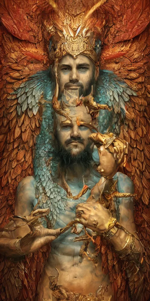 Image similar to Portrait of enki sumerian god, holding a strobilus in his left hand and wings. illustration, by James Jean, artgerm, octane render, by John Coltrane and Marc Simonetti, Manic, inspired by Greg rutkowski, colorful, high detail of the face, full body