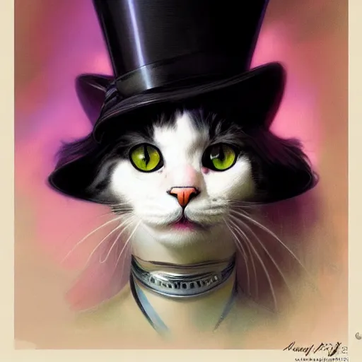 Prompt: close portrait of a fancy cat with a top hat, vaporwave, highly detailed, digital painting, artstation, concept art, smooth, sharp focus, illustration, art by artgerm and greg rutkowski and alphonse mucha