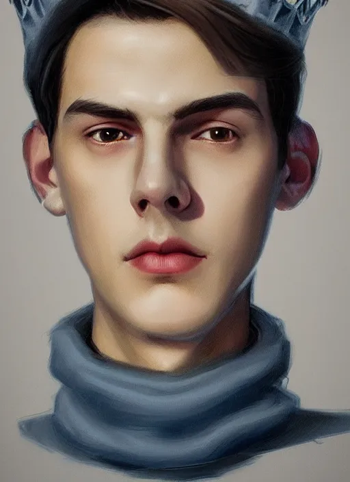 Image similar to portrait of teenage jughead jones wearing a light grey crown, crown, blue turtleneck, 1 9 5 0 s, closed eyes, photorealistic, black hair, glowing lighting, intricate, elegant, glowing lights, highly detailed, digital painting, artstation, concept art, smooth, sharp focus, illustration, art by wlop, mars ravelo and greg rutkowski