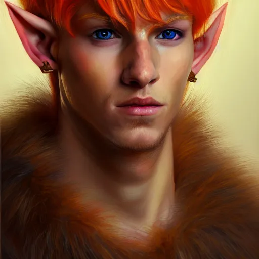 Prompt: portrait painting of an elven young man with short light orange hair and tribal tattoos on his face wearing fur armor, sharp focus, award - winning, trending on artstation, masterpiece, highly detailed, intricate. art by james ryman