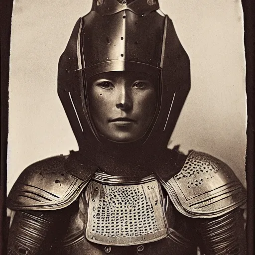 Prompt: head and shoulders portrait of a female knight, quechua!, lorica segmentata, cuirass, tonalist, symbolist, realistic, ambrotype, baroque, detailed, modeled lighting, vignetting, indigo and venetian red, angular, smiling, scarab