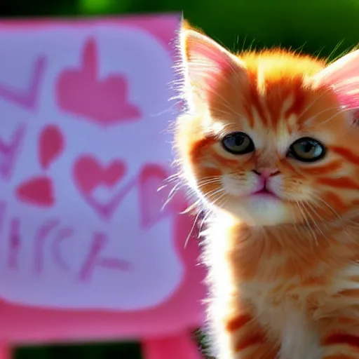 Image similar to cute fluffy orange tabby kitten with a sign that says