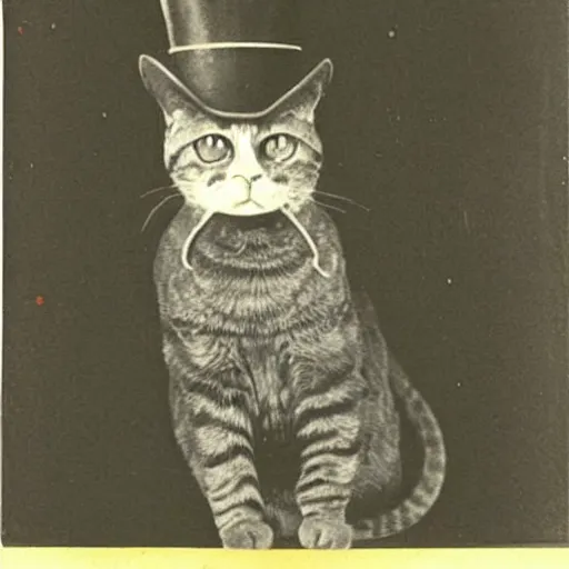 Prompt: a yellow cat with a top hat and a monocle!!, vintage photo