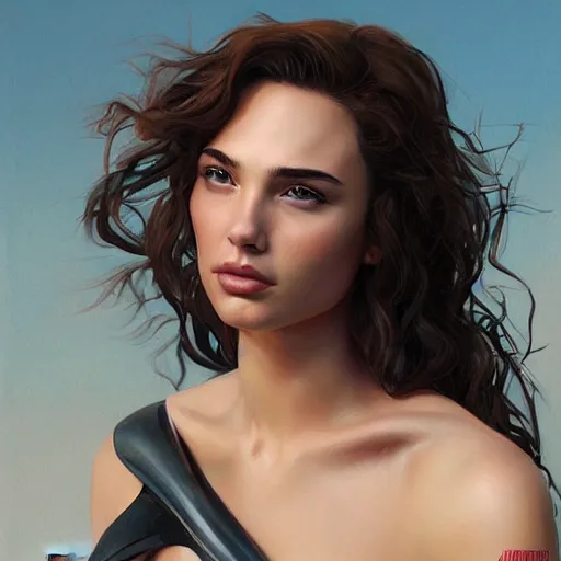 Image similar to a beautiful scenic painting of a beautiful young woman that looks like gal gadot by artgerm and wlop and wes anderson and spike jonze