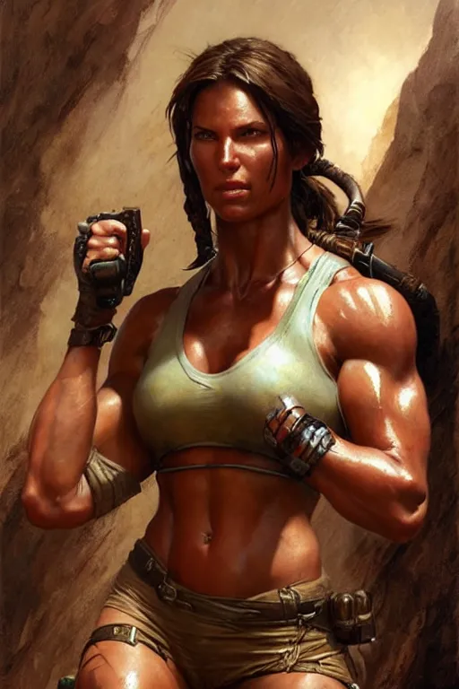 Image similar to muscular sweat lara croft, highly detailed painting by gaston bussiere, craig mullins, j. c. leyendecker 8 k