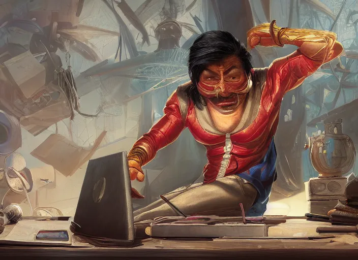 Image similar to an insanely detailed painting of an asian man wearing a homemade superhero costume, sitting at a desk, staring seriously at the computer and typing, in the style of peter mohrbacher, james jean, dramatic lighting and composition, surreal background, octane render, pixar, trending on artstation, concept art, comic book, view from behind, 8 k