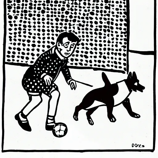 Image similar to illustration of french boy on the streets of paris playing football against a corgi, the dog is wearing a polka dot scarf, comic, 1 9 7 2