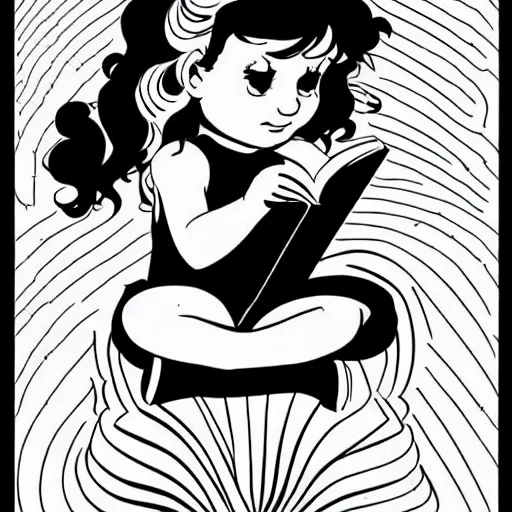 Prompt: clean simple line art of a little girl with wavy curly hair reading a book. white background. well composed, clean black and white line drawing, beautiful detailed face. illustration by josan gonzalez and steve ditko and greg rutkowski